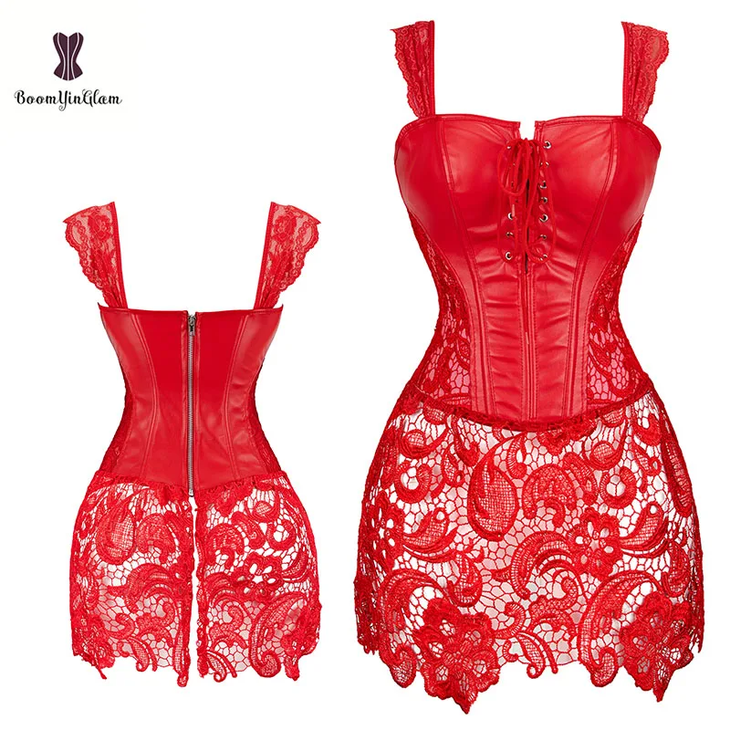 Corset Dress With Laciness Skirt Plus Size 6XL Steampunk Bustier Black Red Brown Corselet Faux Leather Outwear Dress Bone Korset