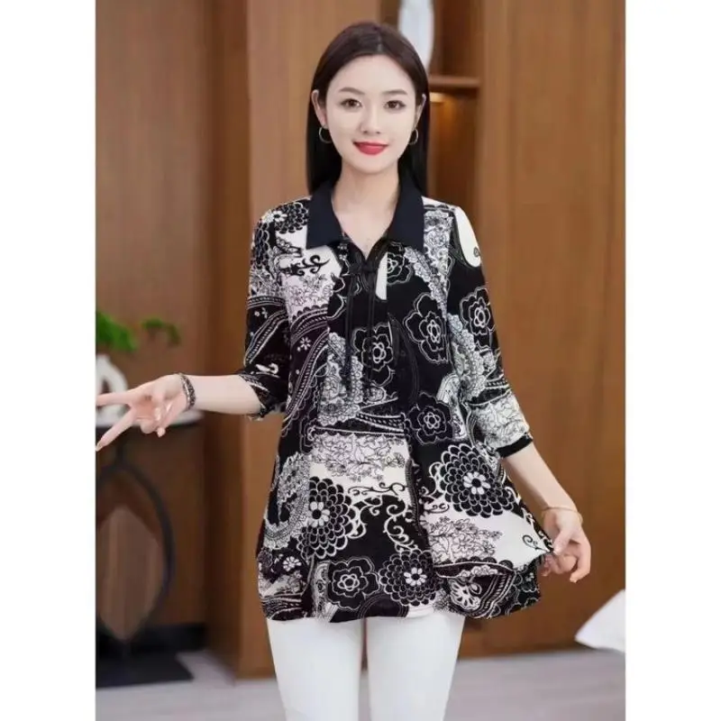 

Commute Broken Flowers Shirt Vintage Printed Female Clothing 3/4 Sleeve Spring Summer Casual V-Neck Stylish Folds Spliced Blouse