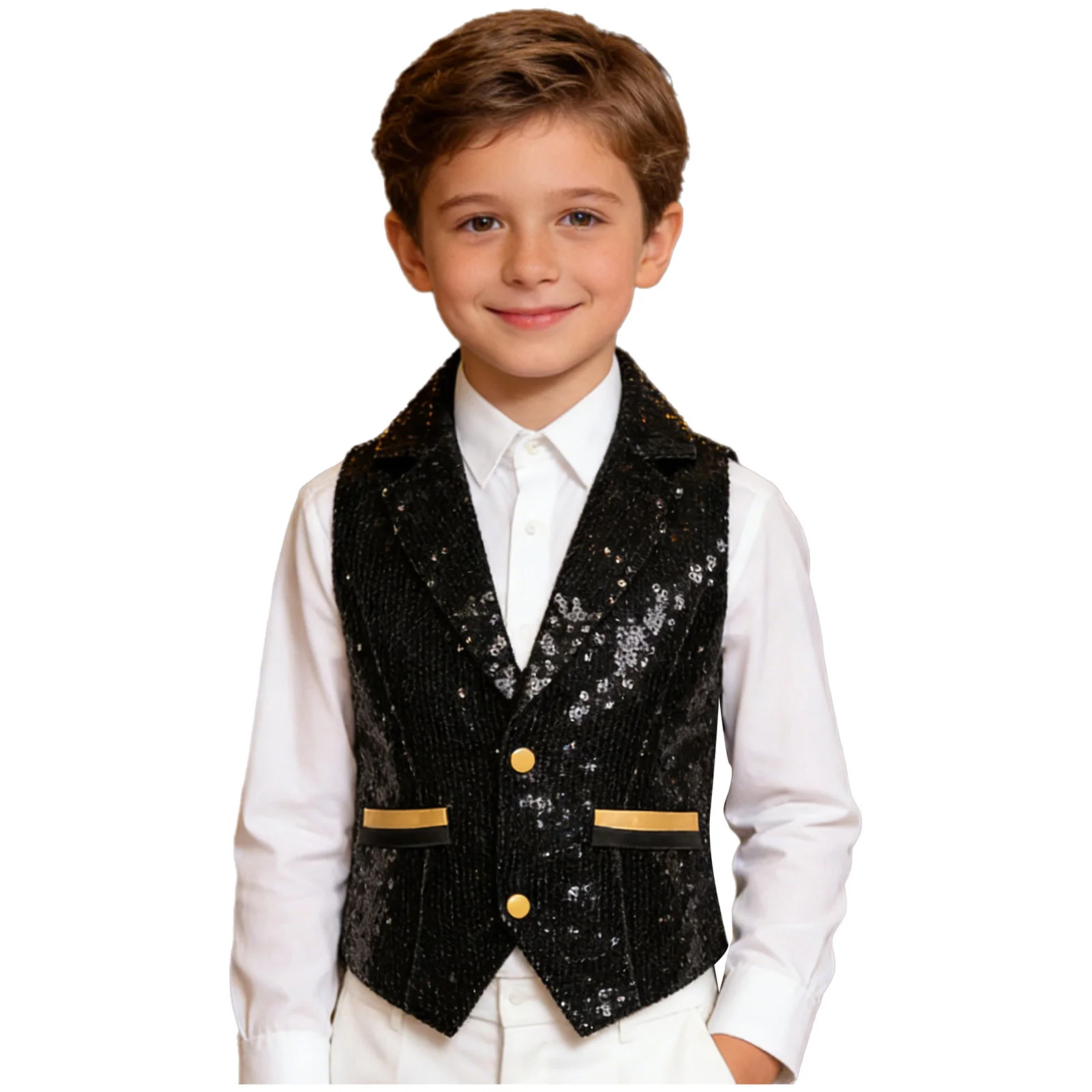 어린이 남아용 반짝이 조끼 카우보이 디스코 의상 V넥 스팽글 조끼 탱크탑 소년 결혼식 무대 공연 아동용 조끼