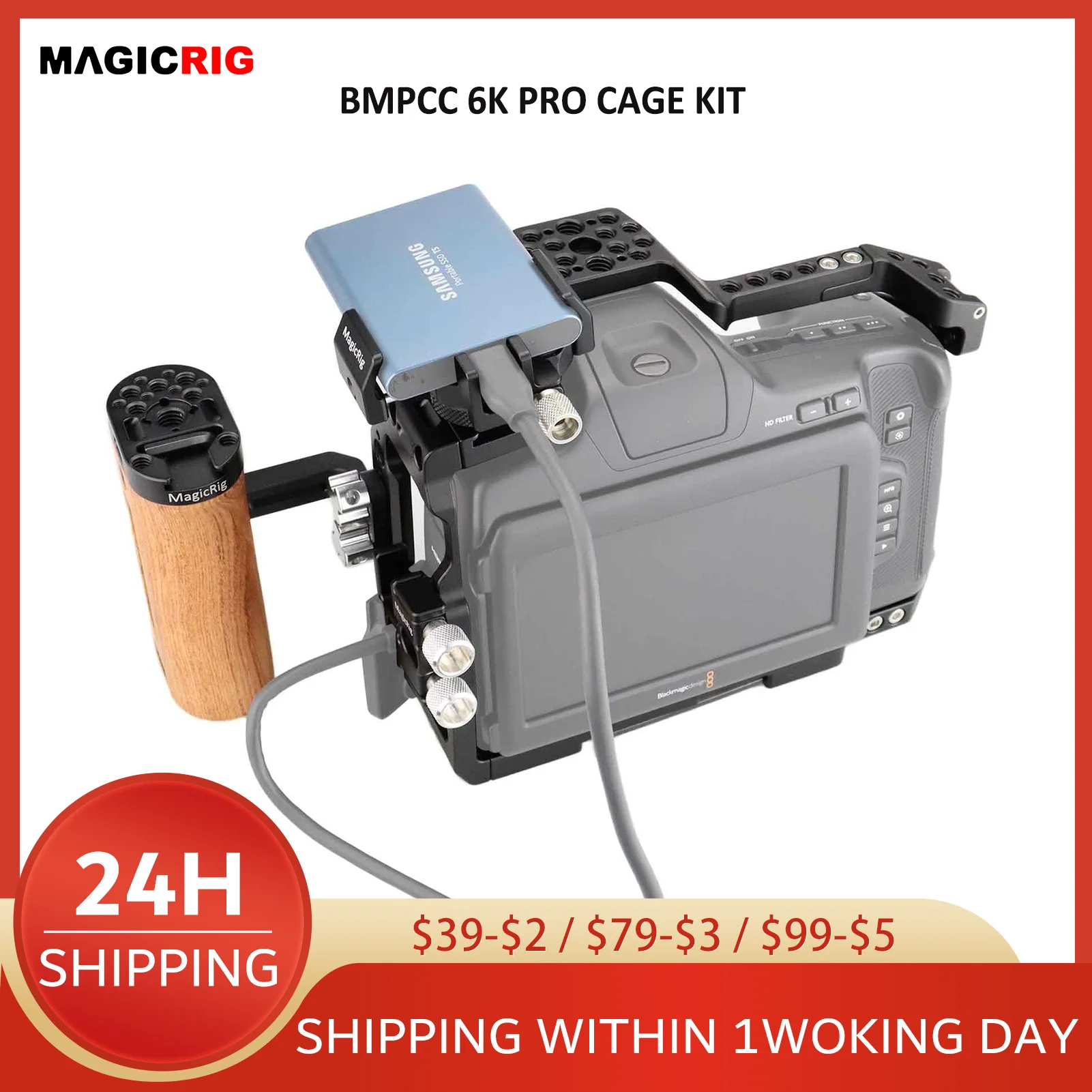 Magicrig Bmpcc 6K Pro Cage Con Maniglia Laterale In Legno, Supporto Ssd, Morsetto Per Cavo Usb-C, Per Blackmagic Design Pocket Cinema Camera 6K Pro