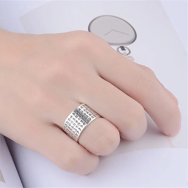 Fashion S925 Silver Ring Men Jewelry Blessing Buddhist Heart Sutra Full Text Ring Male Finger Accessories Openning Size