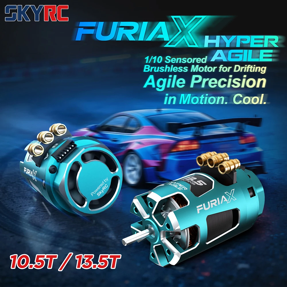 Moteur brushless sensor Hyper Agile 13.5T ou 10.5T pour drift 1/10, câbles et capteur visibles en gros plan.