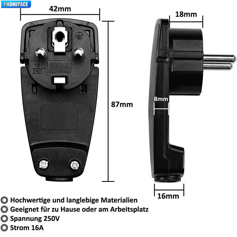 유로 표준 독일 풀링 자체 조립 유럽 전원 코드 플러그, 곡선형 초슬림 독일 및 프랑스 범용 플러그