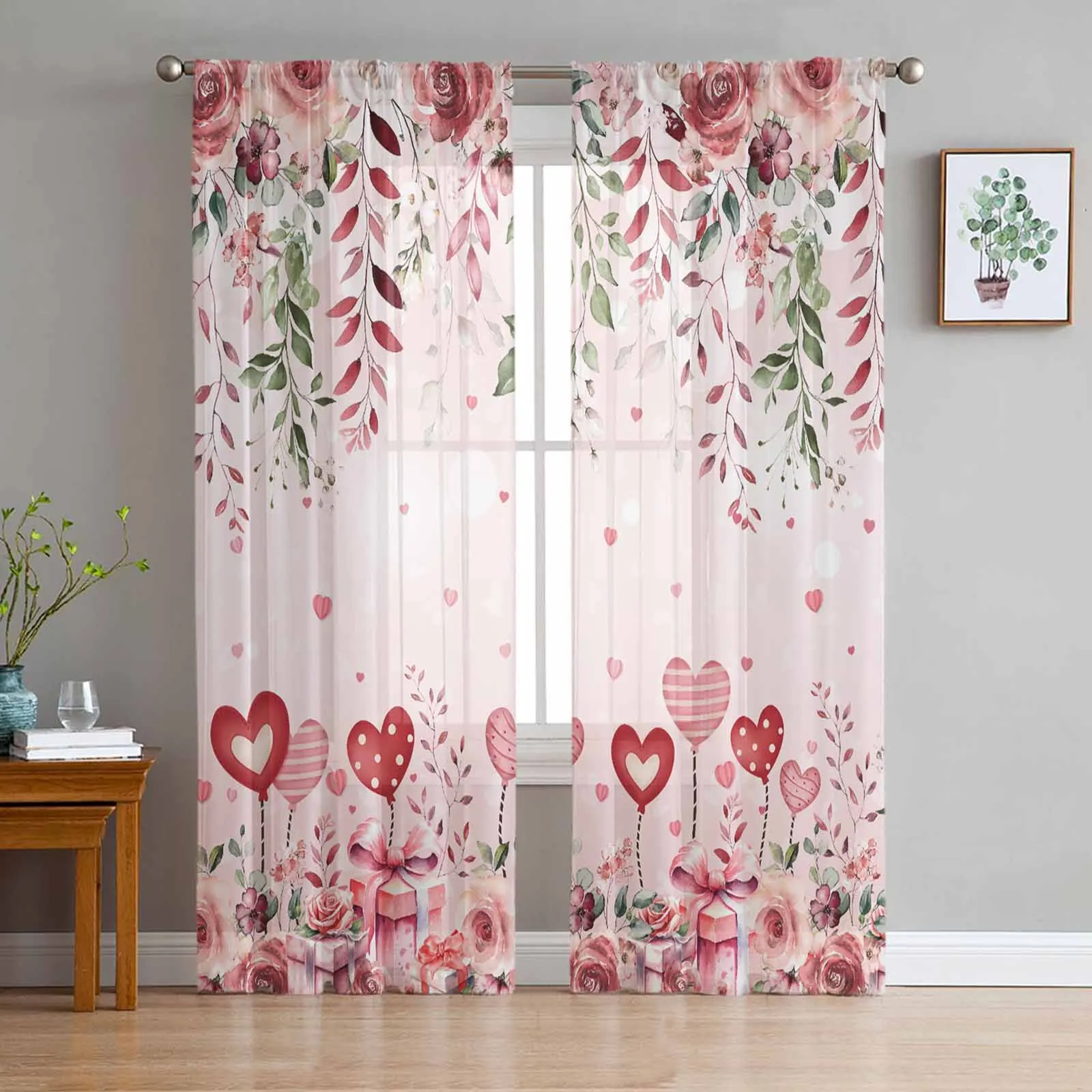

Valentine'S Day Rose Leaf Plant Flower Love Gift Sheer Curtains for Living Room Home Decor Tulle Curtain Bedroom Voile Drapes