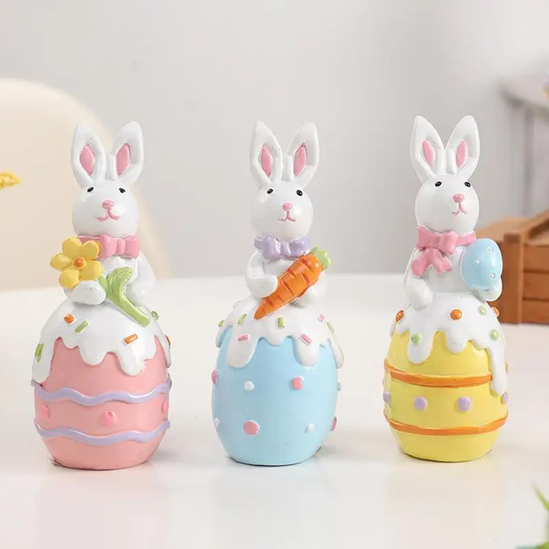 Bunny Egg Ornaments Resin Easter Desktop Decoration Holiday Collectible Figurines Colorful Bunny with Egg Statue Easter Gifts