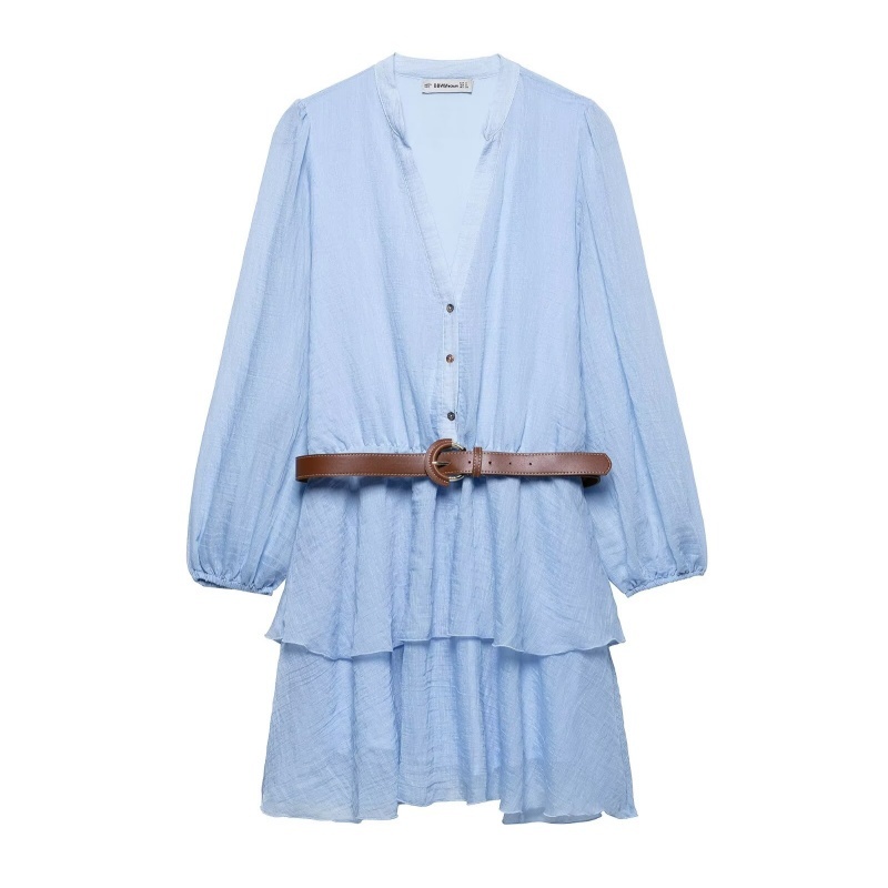 Women Vintage Blue Ruffles Mini Dress with Belt Long Puff Sleeves V-neck Casual Style Short Dress Summer Holiday