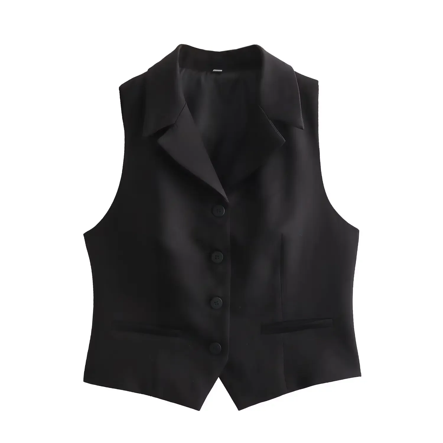 

Women New Fashion Pocket decoration Cropped lapel Slim Vest Coat Vintage Sleeveless Button-up Female Waistcoat Chic Tops