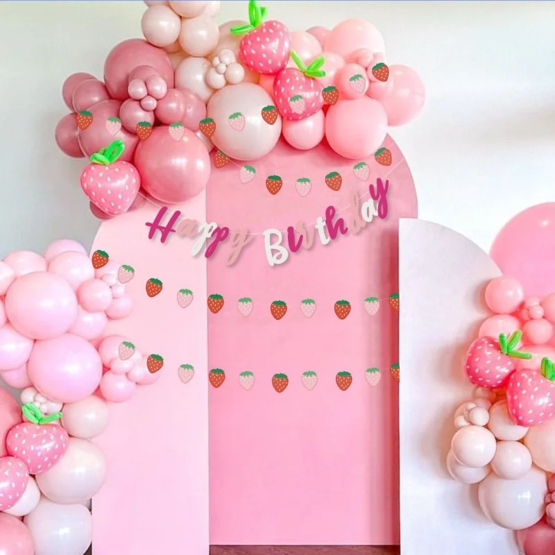 Felt Strawberry Birthday Banner - 2 Sets Hawaiian Party Decor, Baby Shower & Kids Party Supplies, Berry-Themed Bunting