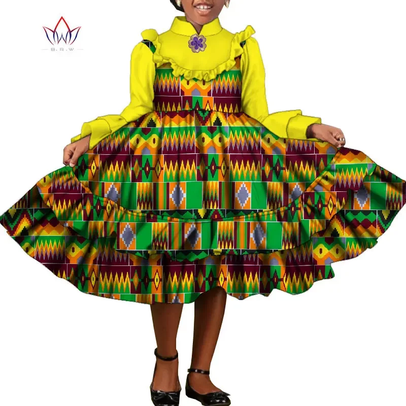 Bintarealwax New Fashion Africa Children Clothing Dashiki Cute Girls Dresses Bazin Ruffles African Traditional Clothing WYT575