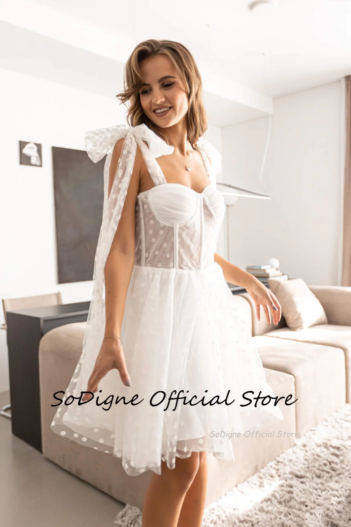 SoDigne Dotted Tulle Short Wedding Dresses A-line Sweetheart Spaghetti Straps Bridal Dress Mini Wedding Gown Robe De Mairee 13 S0456d87296974475b6c24ad84f03a8a4z