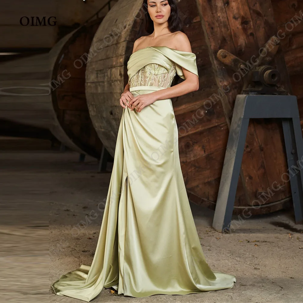 

OIMG Vintage Sage Green Satin Long Evening Dresses Shiny Beads Lace Dubai Sequins Arabic Women Formal Prom Gowns Party Dresses