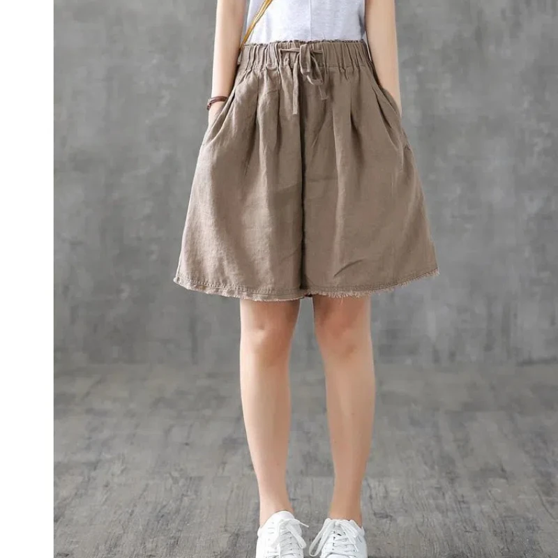 Retro 2024 Summer Women's New Spliced Elasticized High-waisted Drawstring Pocket Fashion Loose All-match Casual Wide Leg Shorts