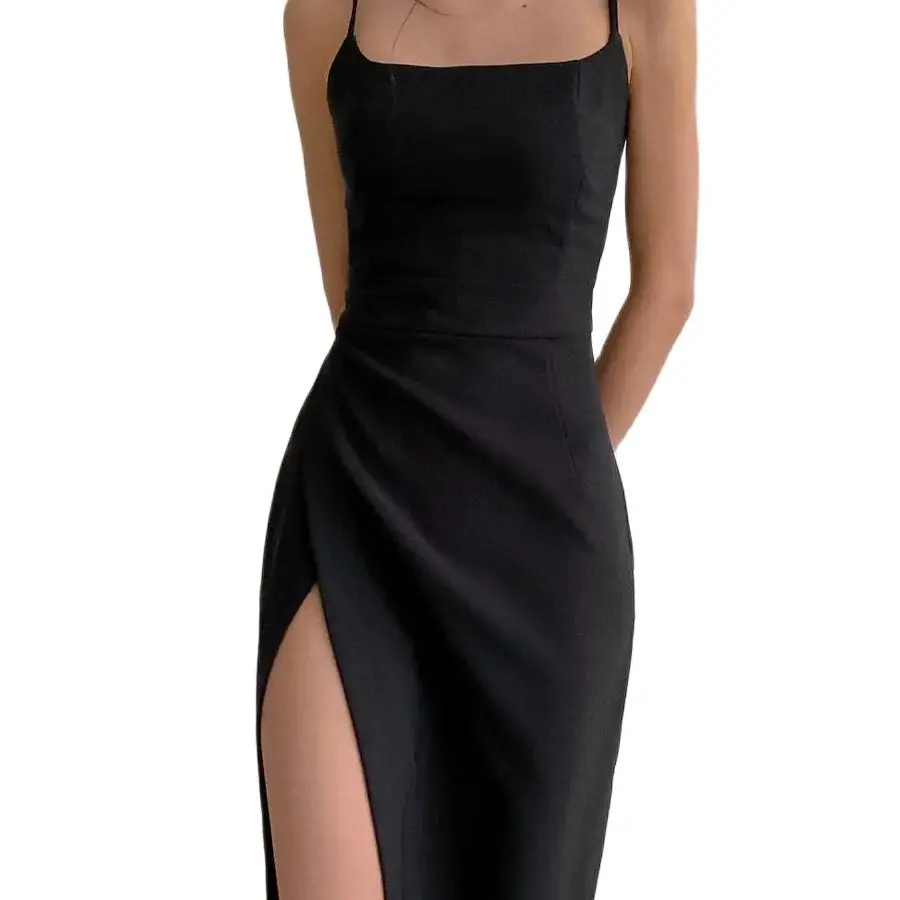

Summer new Europe square collar sleeveless slip dress slim-fit long thin slit black dress