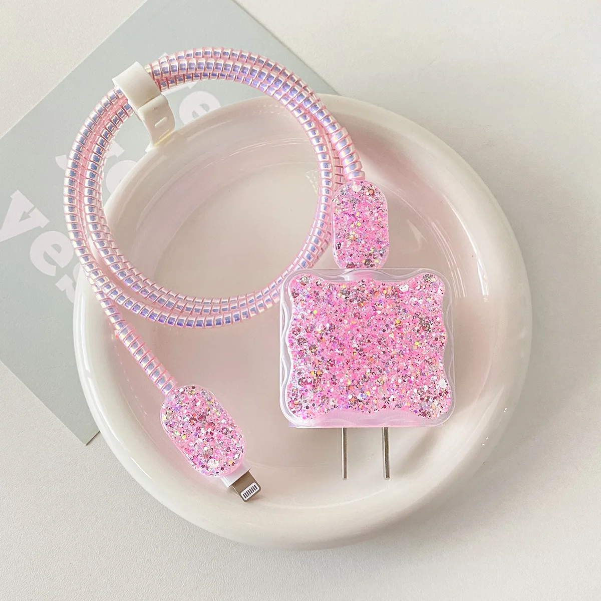 Luxucy Glitter Shiny Case For iPhone18W/20W data cable protect cover For Apple 13/11/12 charging cable winding charger head case