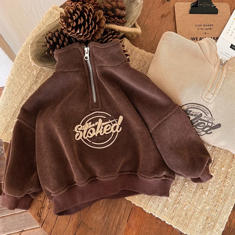 Boys Hoodies Sweatshirts Cotton Thicken Velvet Khaki Warm Winter Autumn Windproof Baby's Kids Children's Clothing