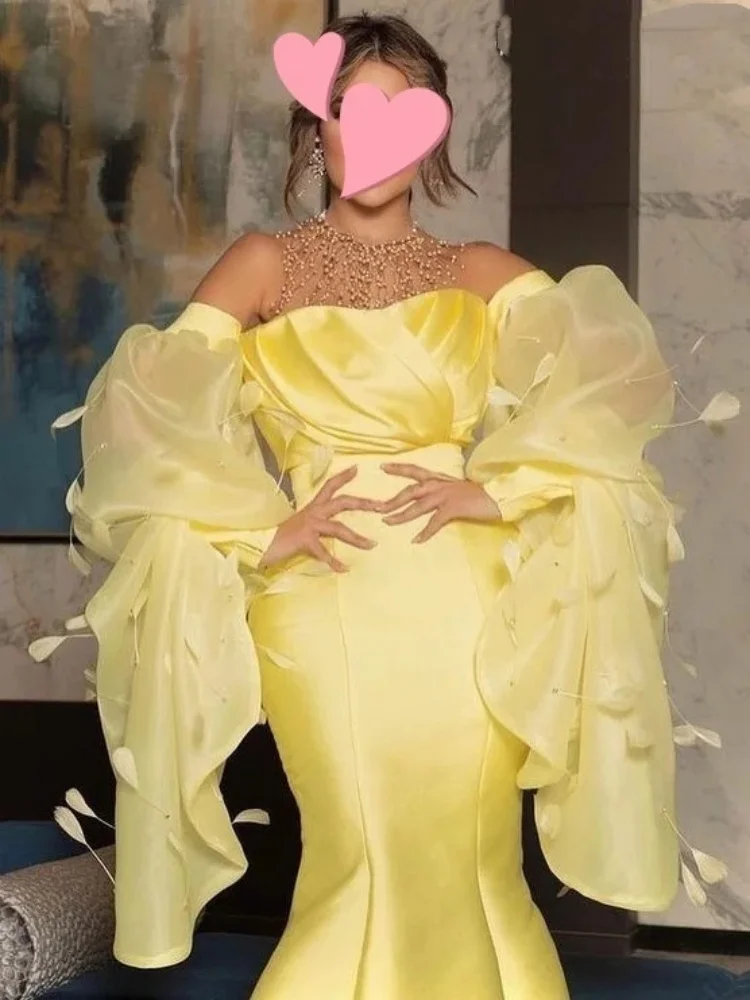 

2024 женское платье на заказ, элегантное винтажное милое желтое платье-Русалка с бисером и перьями, платье для выпускного вечера