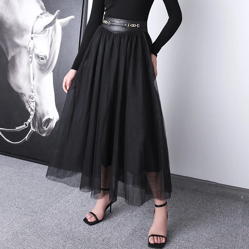 2023 Women New Waist Mesh Long Umbrella Skirt Genuine Sheepskin Leather Skirt E23 for genuine mb van mb100