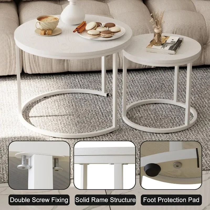 Nesting Coffee Table Round Side Table Set of 2 End Tables for Living Room Bedroom Balcony, Wooden Stacking Accent Coffee Tables 6