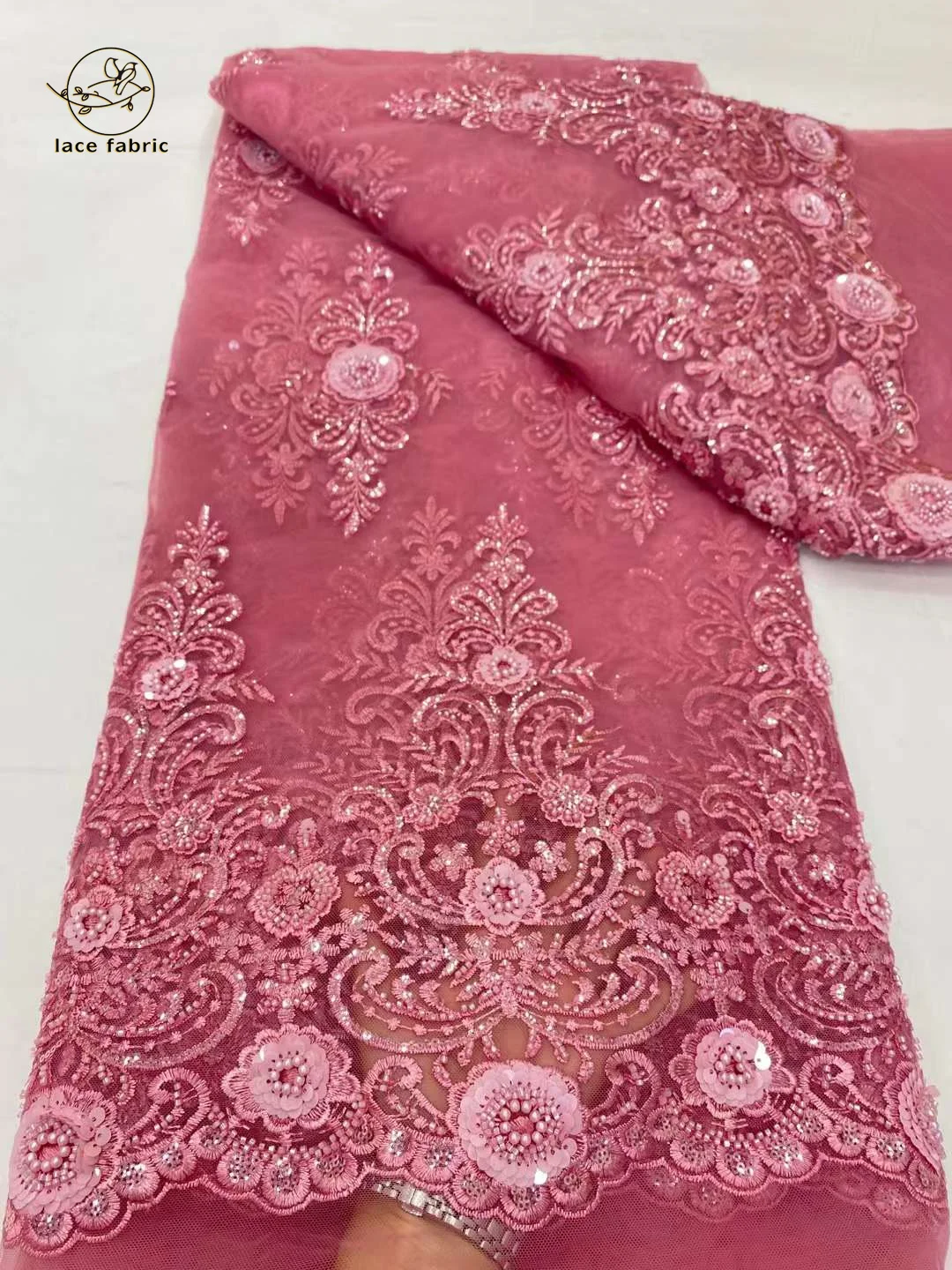 

African Beads Lace Fabric 2023 High Quality Lace 5 Yards French Nigerian Groom Sequins Lace Fabrics For Wedding Party Dress Sew