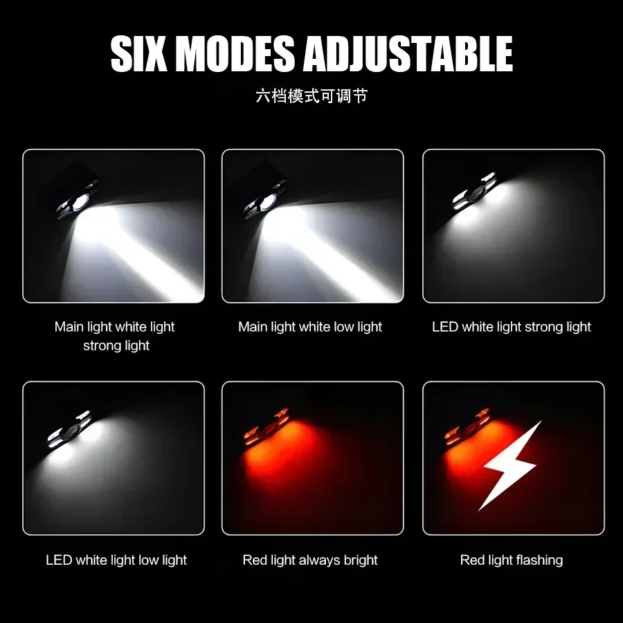 Lampe frontale pêche 6 modes LED rechargeable USB portable avec batterie intégrée pour camping