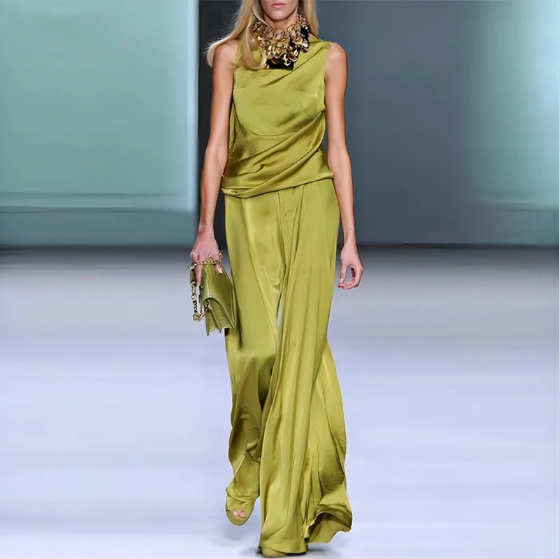 

Женский атласный костюм из двух предметов, повседневный однотонный костюм с длинными брюками, пикантная уличная одежда без рукавов с вырезами, весна-лето 2024