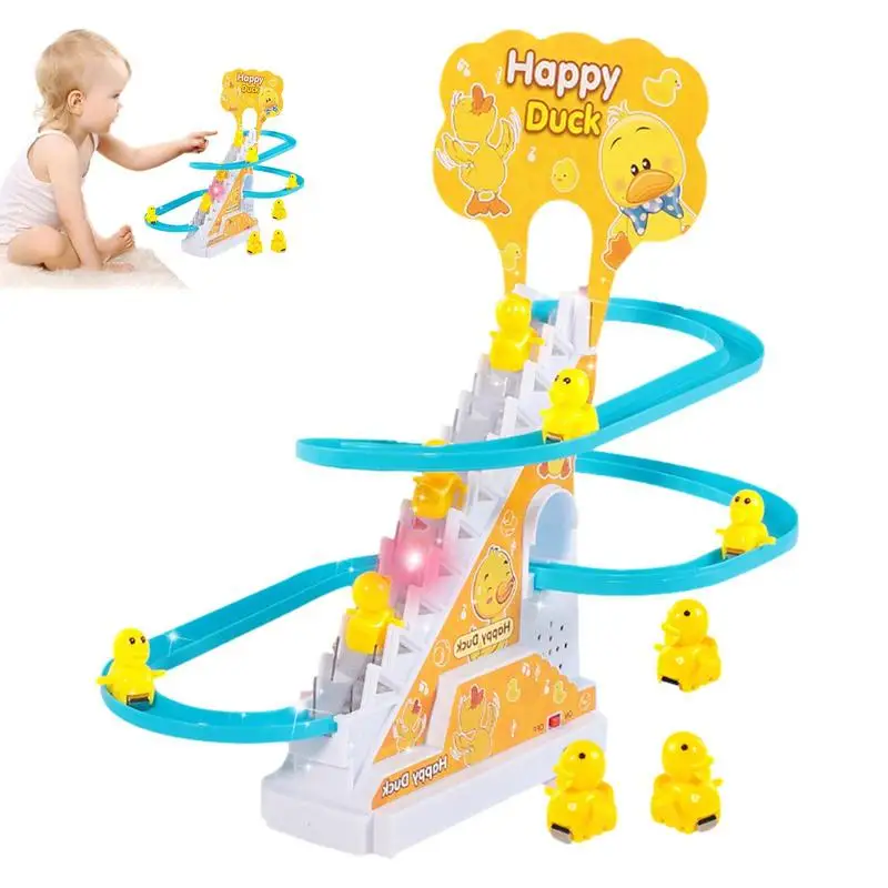 

DIY Rail Racing Track Duck Roller Coaster Toy 9 Ducks Climbing Stairs Playset With Flashing LED Lights And Music Christmas Gift
