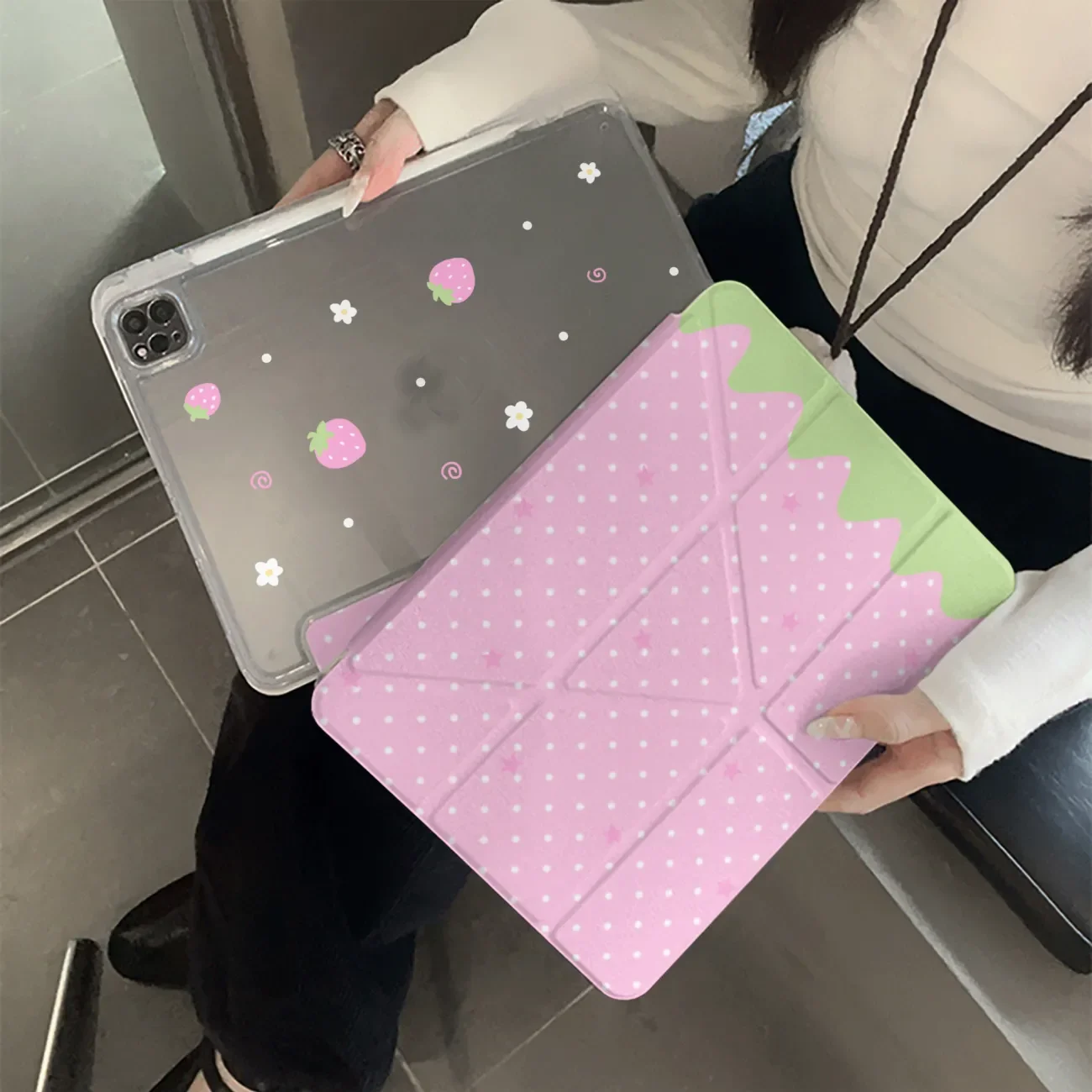 Polka Dots Strawberry Design Smart Tablet Case with Pen Holder and Folded Edge