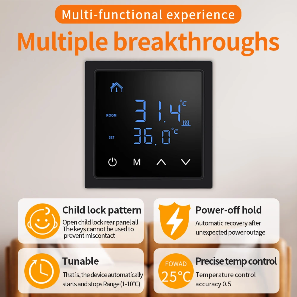 termostato com LED Touch Screen, fiação controle, 85-265V, MH1828A, 16A