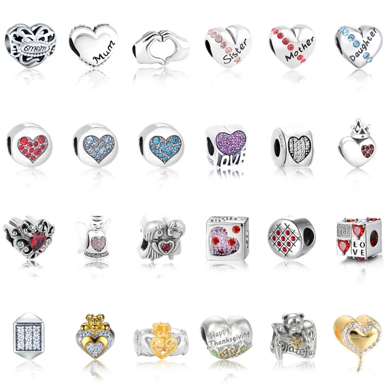 

925 Sterling Silver Pink Purple Love Heart Hollow Charm Beads Fit Original Bracelet DIY Women Jewelry Gift for Mother's Day