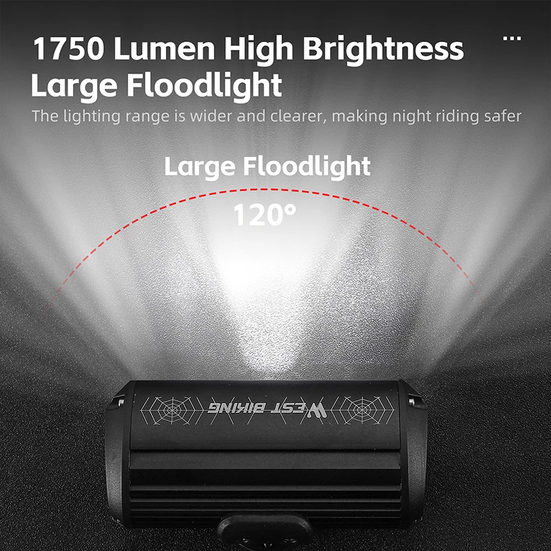 WEST BIKING High Brightness Bicycle Light 1750 Lumen IPX4 Waterproof Type-C Charging Cycling LED Flashlight MTB Road Bike Light