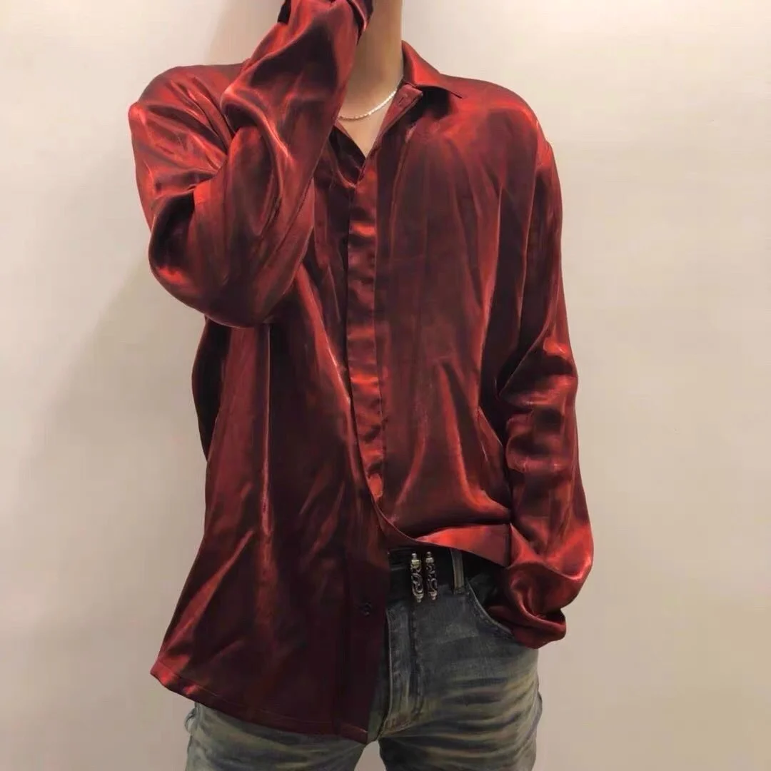 

Luxury fashion rich childe red silk slouchy high street casual loose shirt men and women with the same fashion