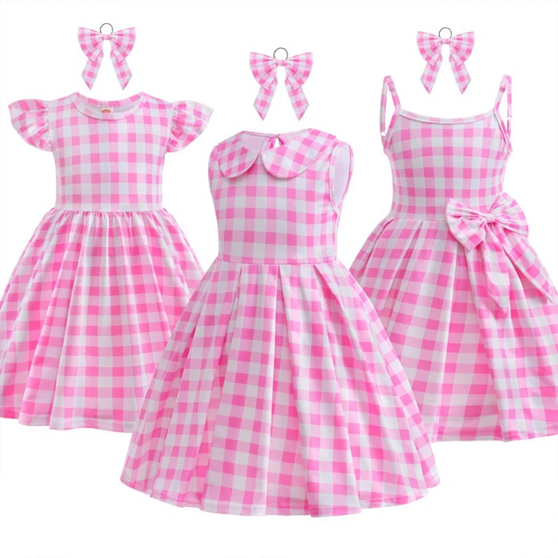 

New Movie Barbi Costume Kids Girls Cosplay Pink Sling Plaid Dress Halloween Girls Dress Up Carnival Party Clothes For 3-10 Years
