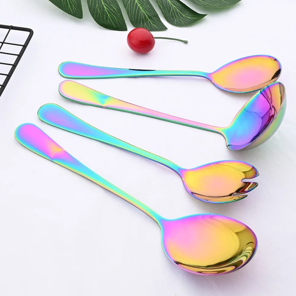 Salad Spoon Dinnerware Set Gold Unique Spoon Cutlery Set Salad Fork Stainless Steel Tableware Party Serving Flatware 2Pcs