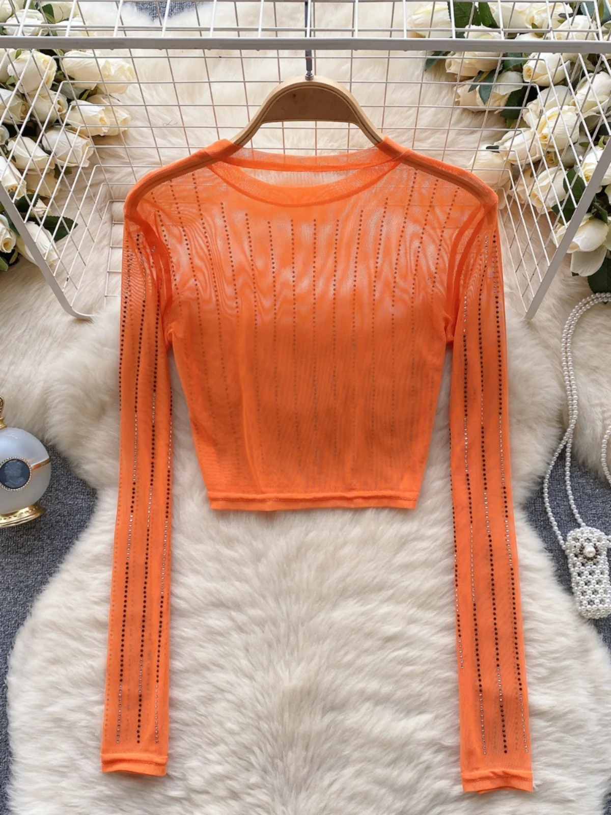 Women's Heavy-du Rhinestone Embellied Slim-fit ort Sexy See-tough Me Crop Top Pure Color Long Sve Base irt