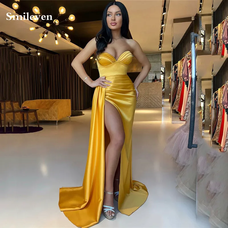 

Smileven Golden Pleats Strapless Mermaid Evening Dresses Beach Sweetheart Prom Gowns High Side Split Cocktail Party Dress 2023