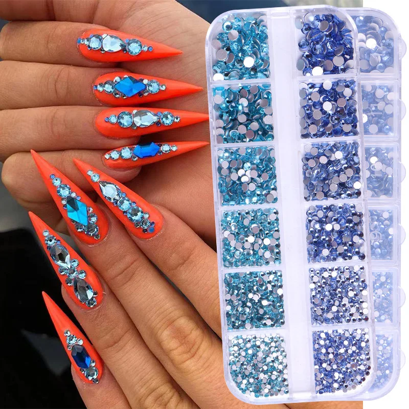 

12 ячеек, 1500 шт., ювелирные изделия для макияжа глаз, алмазная стеклянная круглая разноцветная аппликация с плоским дном без горячей фиксации SS4 SS8 SS12 SS16