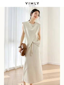 VIMLY Women's Summer Skirt Suit 2025 Office Lady Irregular Sleeveless Tops T-Shirt Straight Skirt Casual Simple Outfits M9656 1