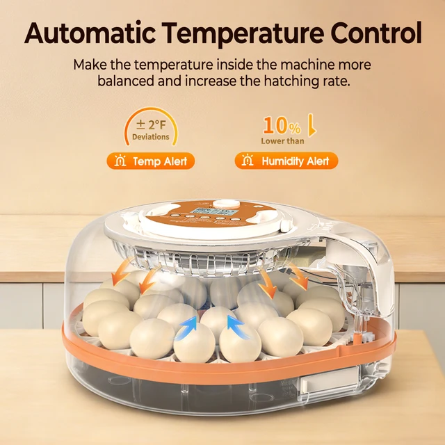 26 Egg Incubator with Automatic Turning, Temperature and Humidity Control, LED Egg Candler, and Auto Water Addition, for Hatchin
