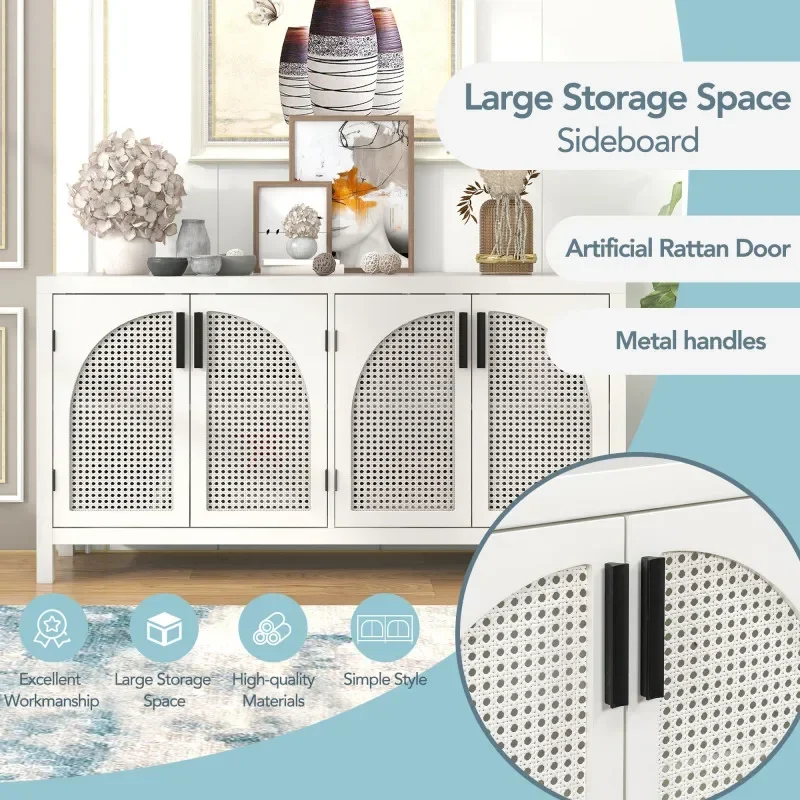 White Large Storage Space Sideboard with Artificial Rattan Door