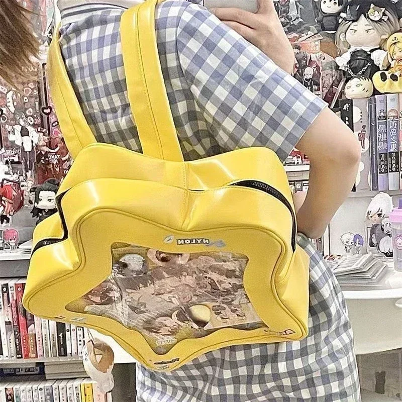 Womens Backpack Yellow Star PU Leather Shoulder Bag Cute Teenage Girl Kawaii Schoolbag Knapsack Y2K Spicy Girl Travel