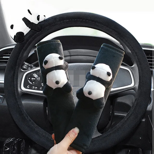 Niedliche Cartoon Panda Puppe Eis Seide Universal Auto Lenkrad abdeckungen  Sets Auto Interieur Zubehör Sitz Kopfstütze Nacken kissen