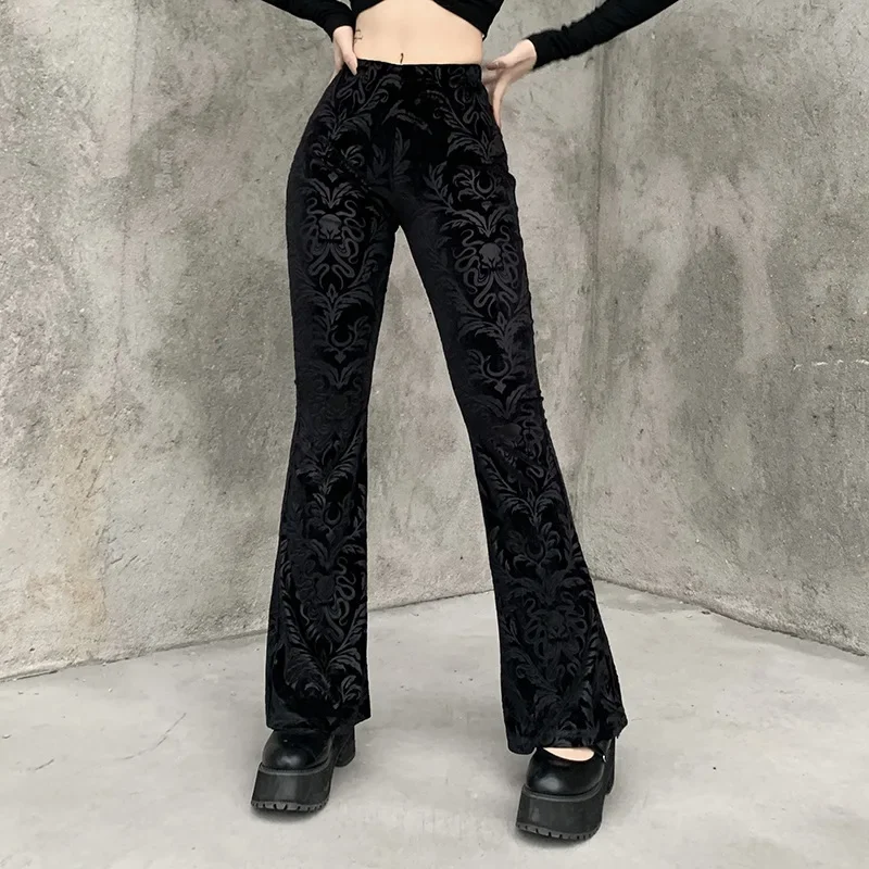 Gothic New Flare Pants Women Streetwear Velvet Retro Black Y2K High Waist Solid Pants Street Casual Fashion Punk Trousers 2024 deeptown y2k american retro denim pants women vintage gothic goth punk star print straight trousers 2023 autumn fashion new in