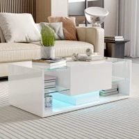 Table basse moderne Fangange avec lumières LED, finition brillante, idéale pour le salon ou le bureau à domicile, blanc/noir 2