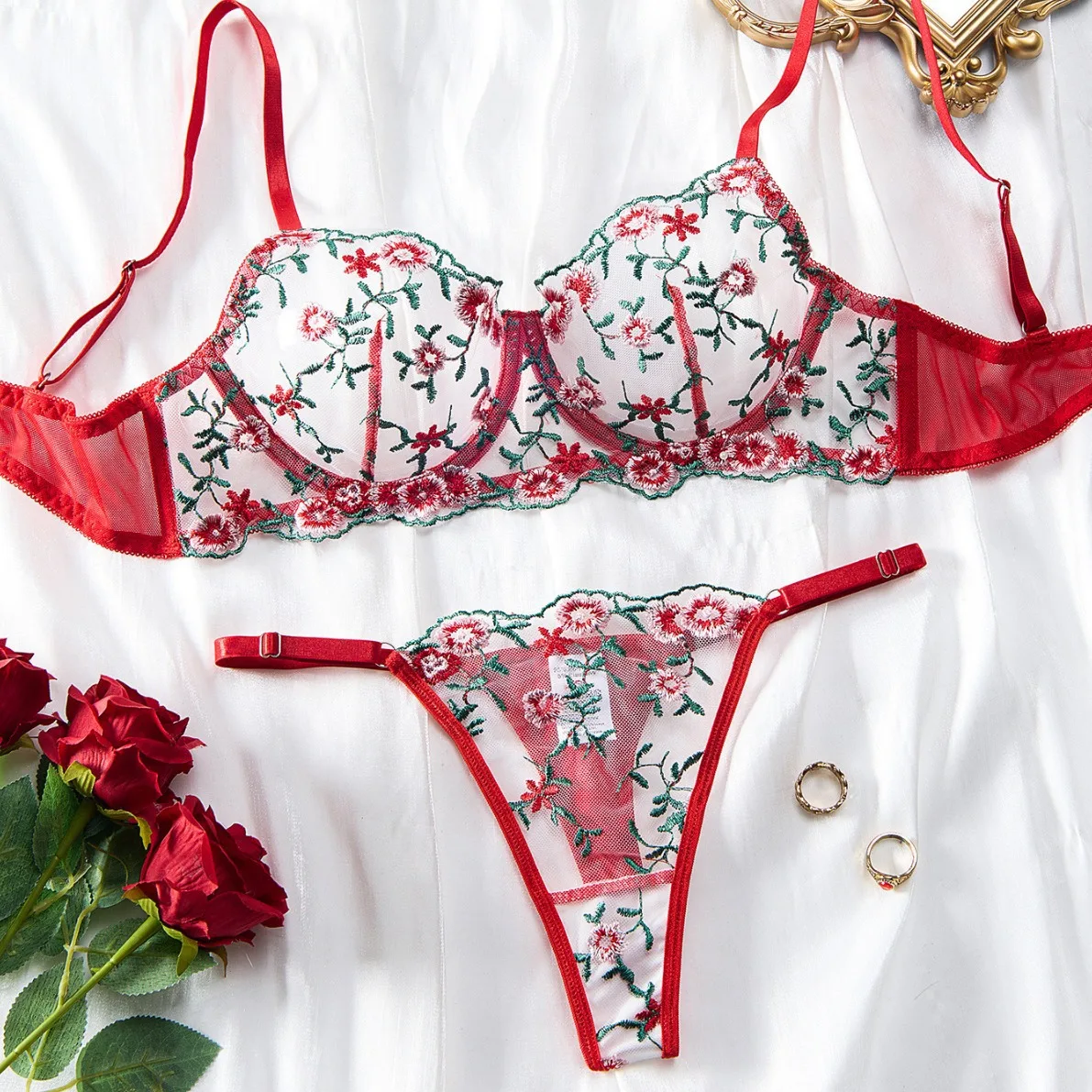 Ensemble Lingerie Sexy En Dentelle - Soutien-gorge Sein Nu & Culotte Transparente Brodée - Tenue Coquine Et élégante