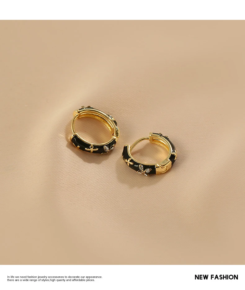 2023 neue Design Klassische Zirkon Blume Form Schwarz Emaille Gold Farbe Hoop Ohrringe Für Party frauen Luxus Zubehör Schmuck – Detail 9