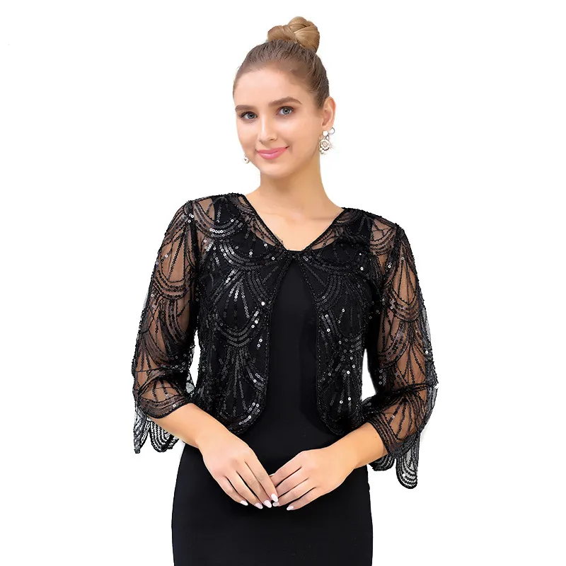 Women's Sequins Hollow Lace Long Sleeve Shawl and Wraps Shrug Bolero Open Front Cardigan Jacket Bridal Wedding Wraps Cover Up