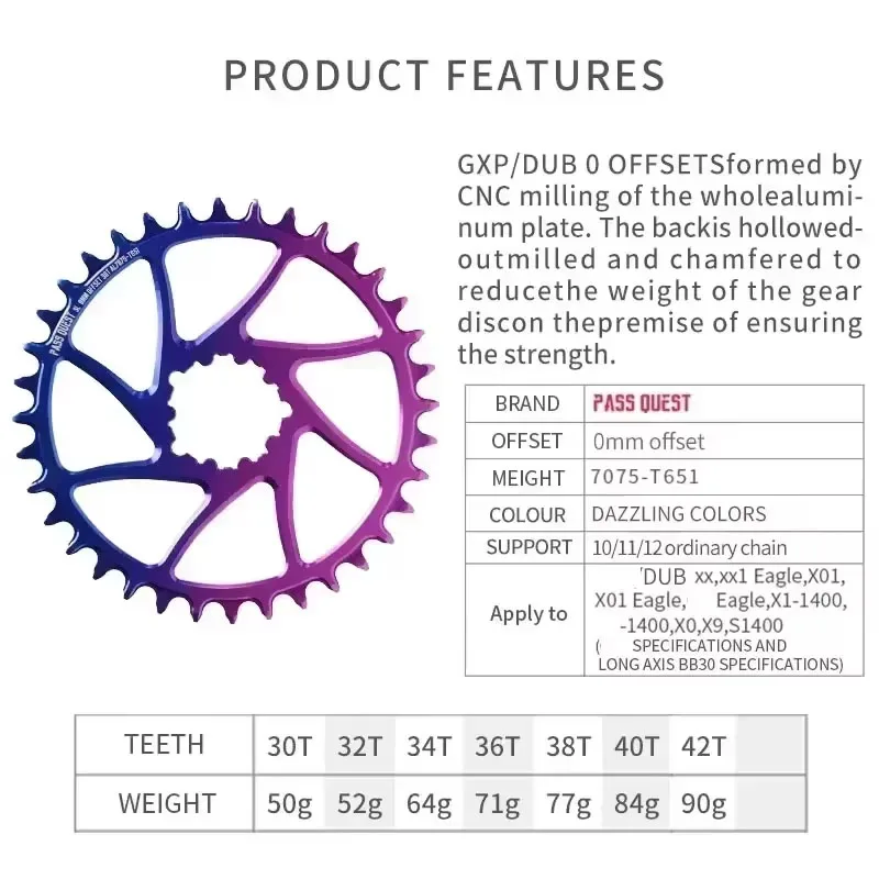 Bicycle Sprocket Gear PASS QUEST 0mm Offset Chainring mountain MTB Narrow Wide Direct Mount Chainwheel 30T 32 36 36T 38 42T for SRAM eagle XX1 X01 XO