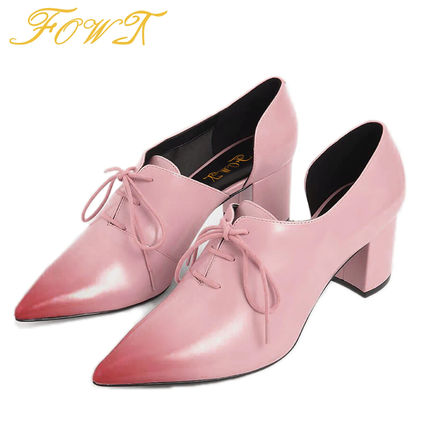 

Pink Cross-Tied Women's Pumps High Thick Heels Loafers Pointed Toe Ladies Office Mature Leather Shoes Large Size 15 16 FOWT