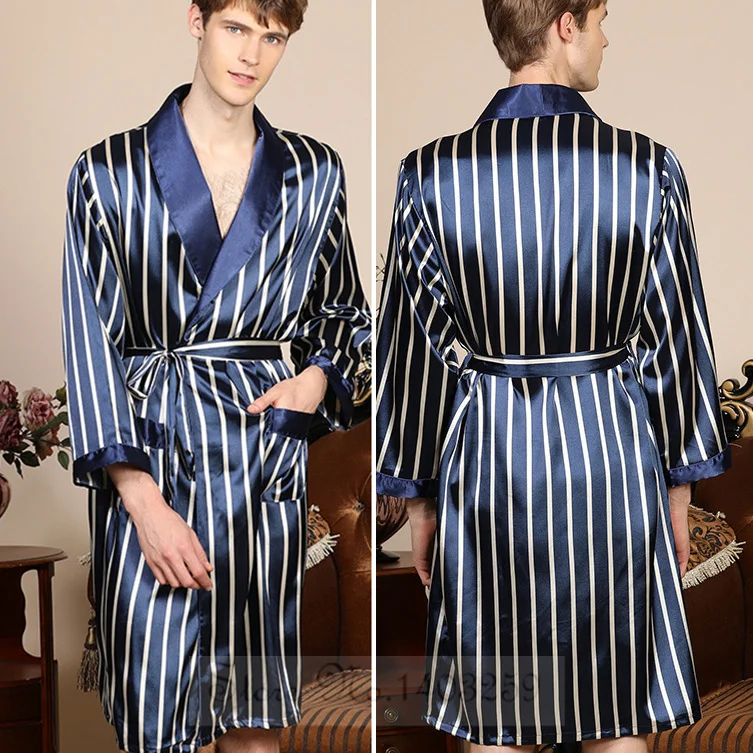 Men Robe Sleepwear Plus Size 3XL 4XL 5XL Navy Blue Stripe Kimono Bathrobe Gown with Pocket Summer Satin Home Clothes Lounge Wear
