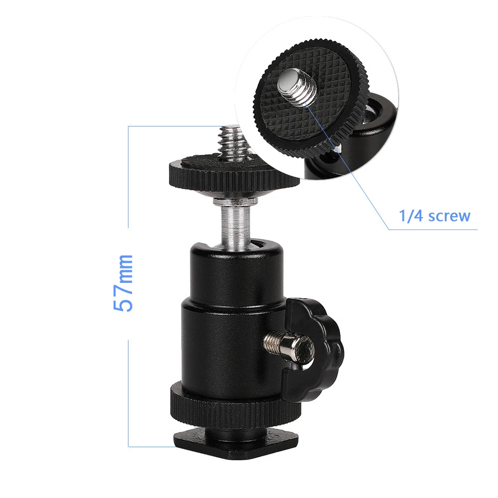 Tripod ball head 360&deg; rotatable metal mini PTZ with 1/4 hot shoe camera mount adapter for camera pocket light microphone